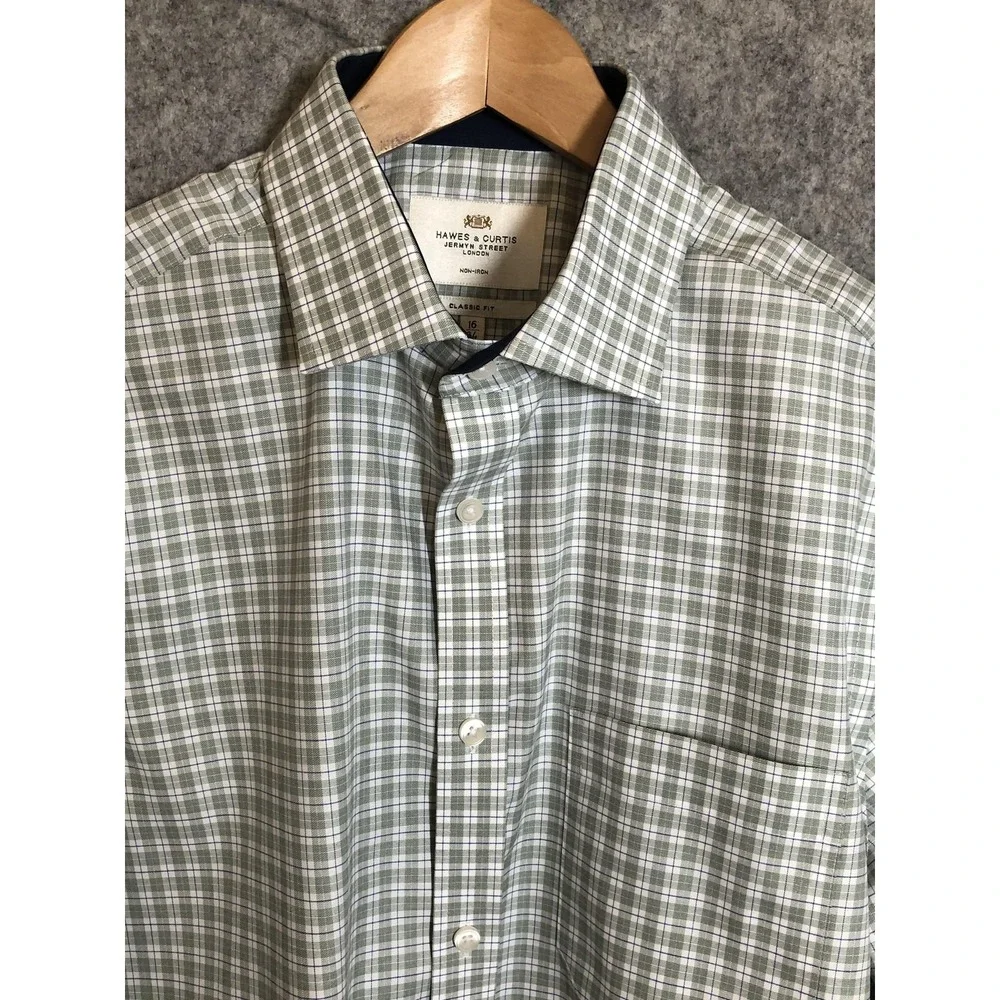 Hawes & Curtis Shirt Mens 16 34 Green Plaid Classic Fit Non-Iron Long Sleeve